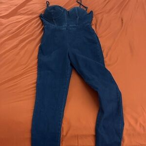 Strapless Sweetheart Neck Denim Jumpsuit - Navy